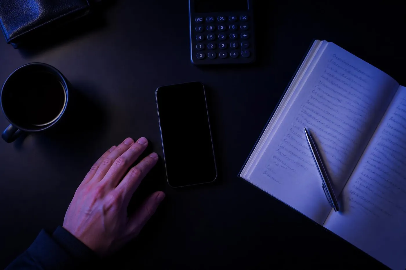 Escritorio minimalista con teléfono, libreta, calculadora y café