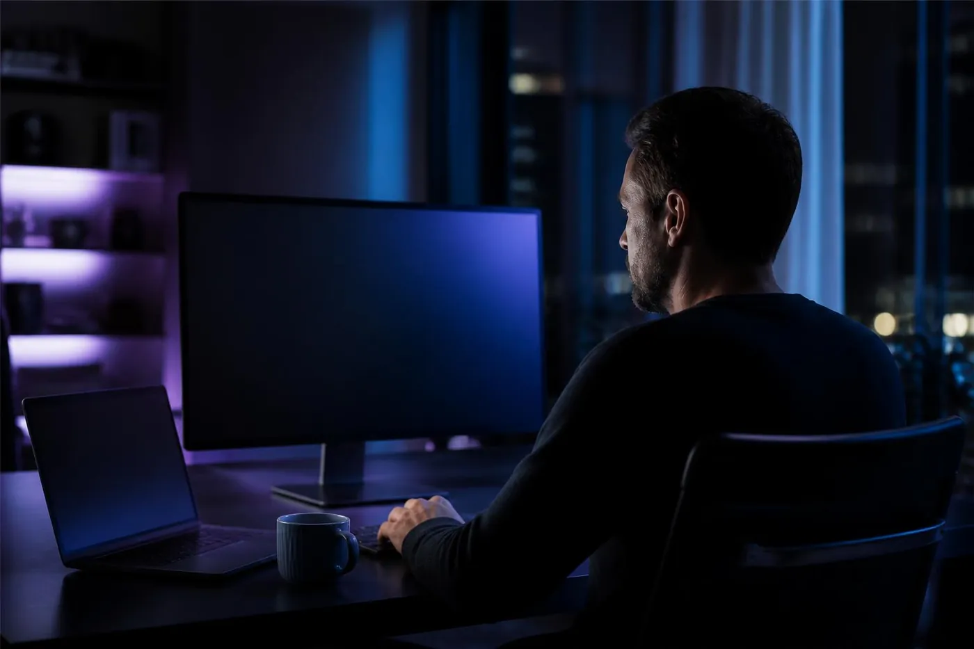 Persona analizando Fijas Nexus desde su escritorio en una oficina nocturna
