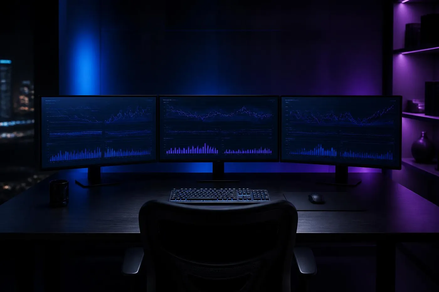 Escritorio con tres monitores mostrando análisis nocturno